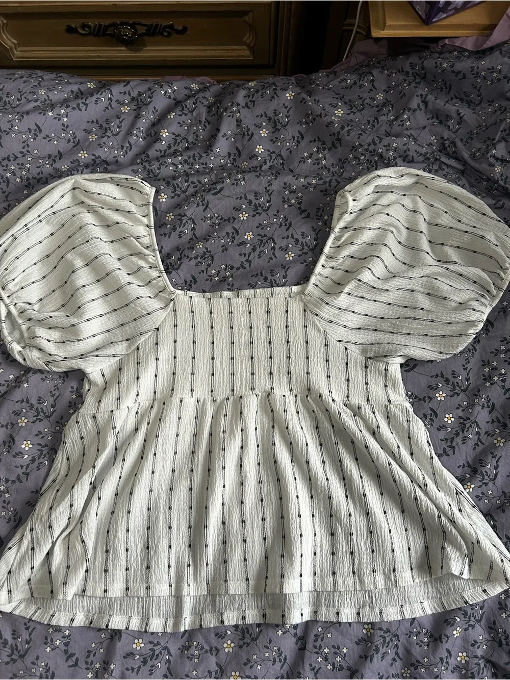 Madewell White Stripe Puff Sleeve Smocked Top
